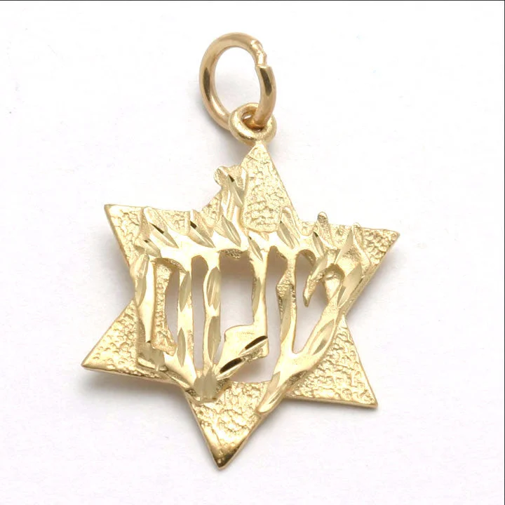 14k Yellow Gold Star of David Shalom Peace Pendant