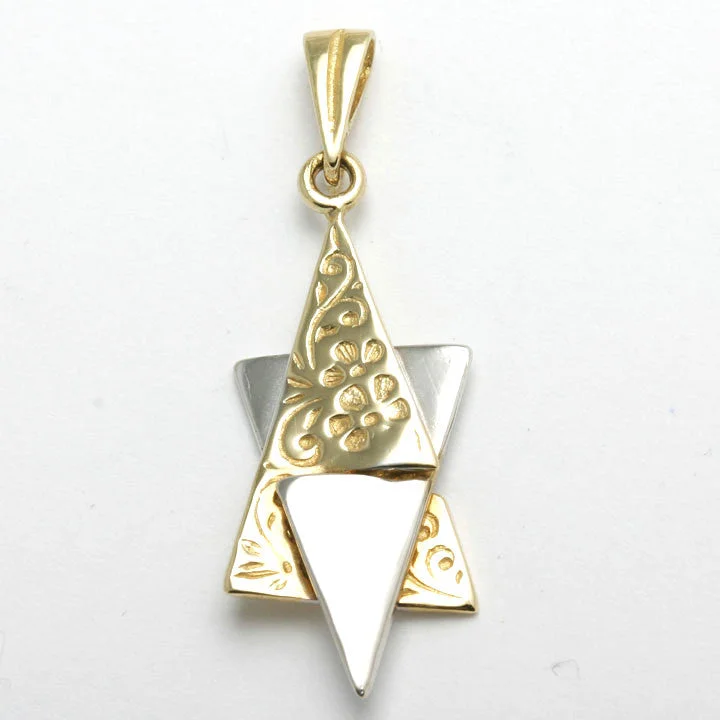 14k Yellow & White Gold Star of David Pendant Flowers