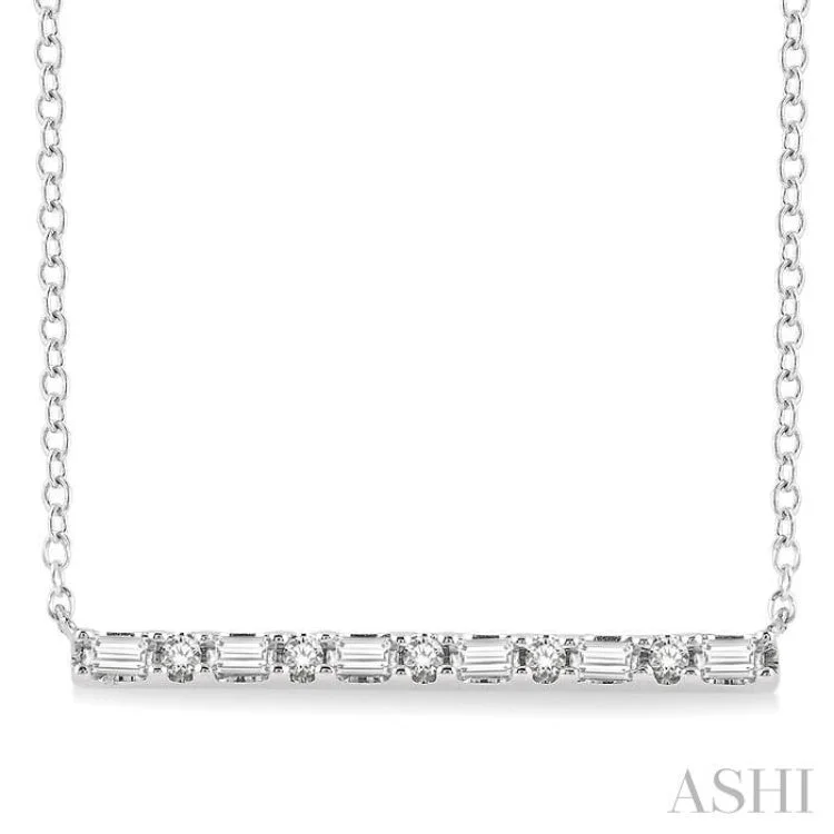 1/6 Ctw Baguette and Round Cut Diamond Petite Bar Necklace in 10K White Gold