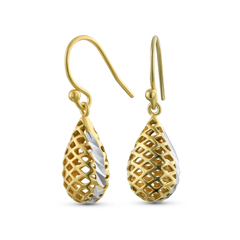 Basket Weave Puffed Raindrop Teardrop Earrings Gold Plated Sterling Silver