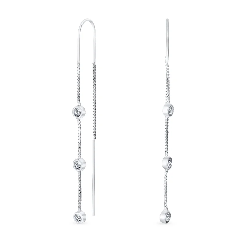 Classic Minimalist Dangle Chandelier Earrings with CZ in Sterling Silver Linear Design