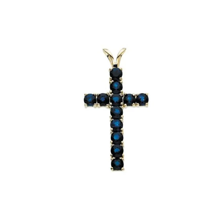 14K Yellow Natural Blue Sapphire Cross Pendant