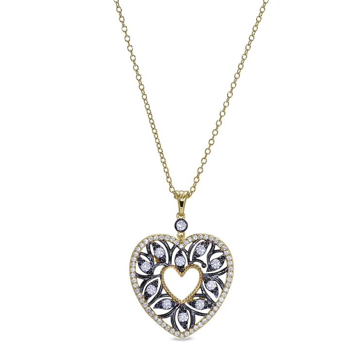 Gold and Black Rhodium Finish Sterling Silver Micropave Open Heart Pendant with Simulated Diamonds on 18" Cable Chain