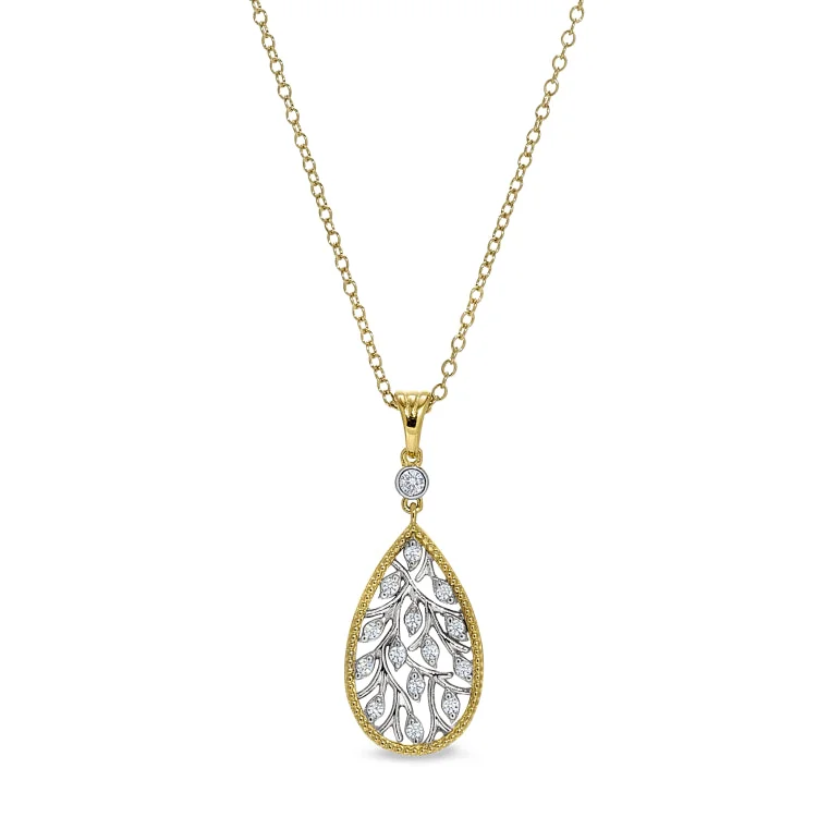 Gold and Platinum Finish Sterling Silver Micropave Tear Drop Pendant with Simulated Diamonds on 18" Cable Chain