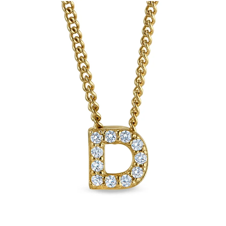 Gold Finish Sterling Silver Micropave D Initial Pendant with Simulated Diamonds on 18" Curb Chain