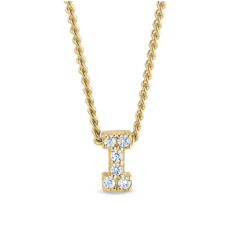 Gold Finish Sterling Silver Micropave I Initial Pendant with Simulated Diamonds on 18" Curb Chain