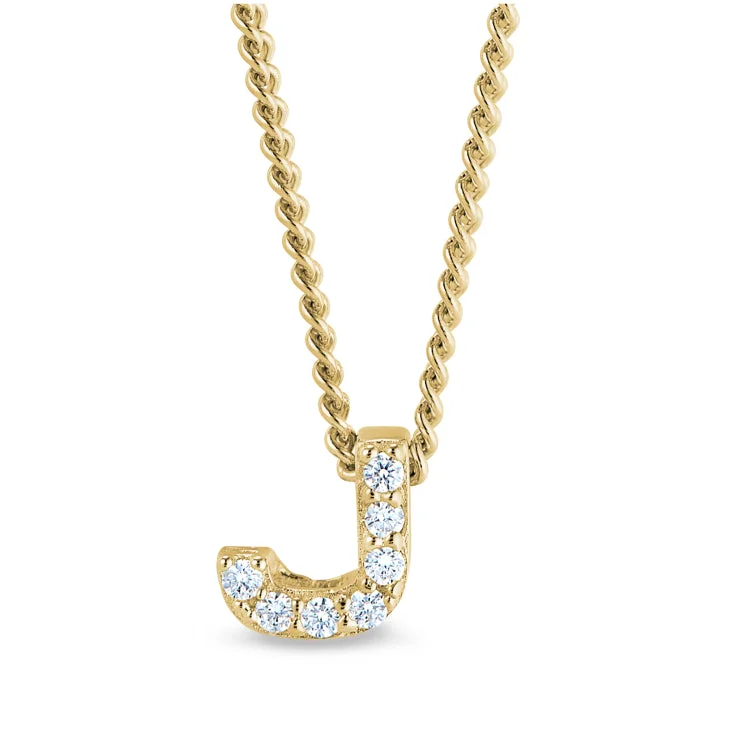 Gold Finish Sterling Silver Micropave J Initial Pendant with Simulated Diamonds on 18" Curb Chain