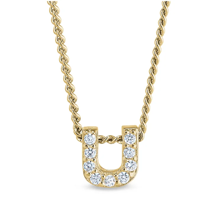 Gold Finish Sterling Silver Micropave U Initial Pendant with Simulated Diamonds on 18" Curb Chain