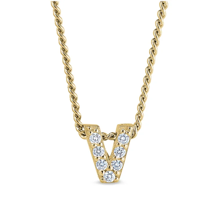 Gold Finish Sterling Silver Micropave V Initial Pendant with Simulated Diamonds on 18" Curb Chain