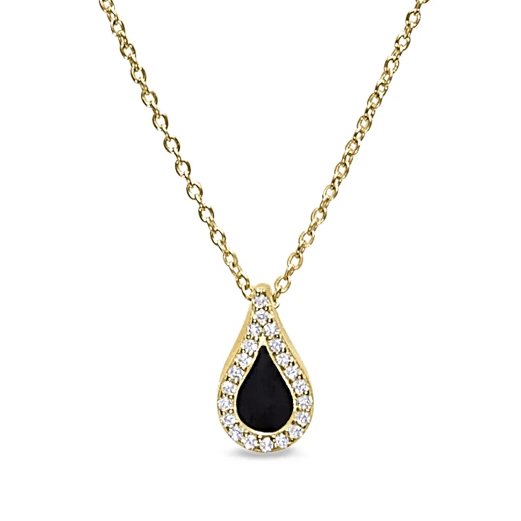 Gold Vermeil Sterling Silver Micropave Black Enamel Teardrop Pendant with Simulated Diamonds on 16" -18" Cable Chain