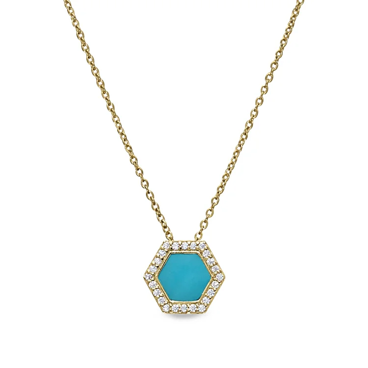 Gold Vermeil Sterling Silver Micropave Turquoise Enamel Hexagon Pendant with Simulated Diamonds on 16" -18" Cable Chain