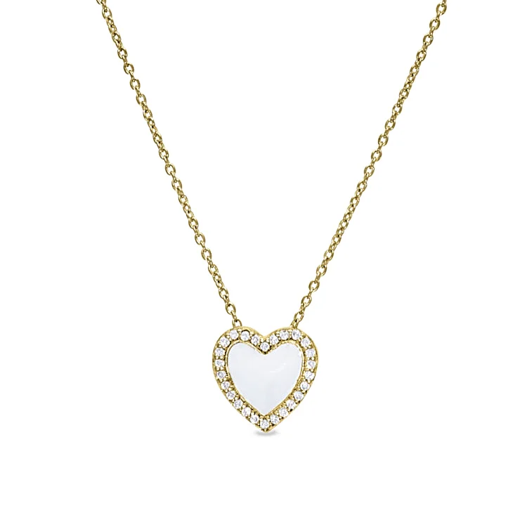 Gold Vermeil Sterling Silver Micropave White Enamel Heart Pendant with Simulated Diamonds on 16" -18" Cable Chain