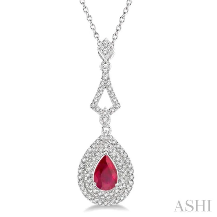 1/5 Ctw Pear Shape 6x4 MM Ruby & Round Cut Diamond Precious Pendant in 14K White Gold