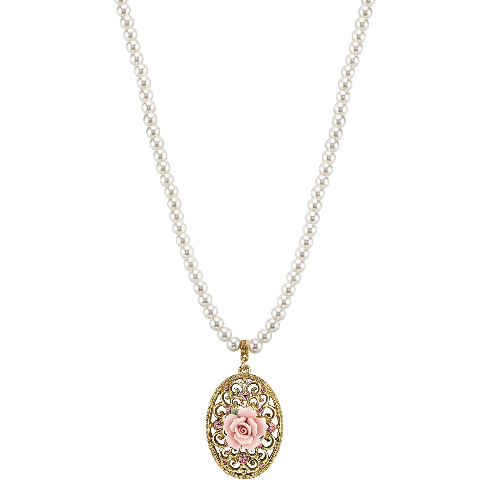 Pearl Strand Pink Porcelain Rose Crystal Oval Filigree Pendant Necklace