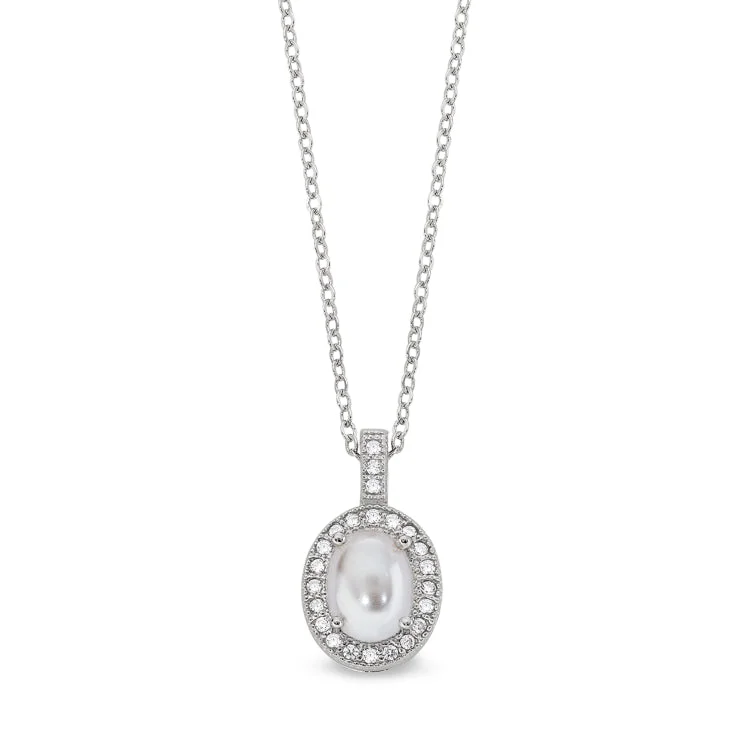 Platinum Finish Sterling Silver Micropave Cabochon Cut Pearl Pendant with Simulated Diamonds on 18" Cable Chain