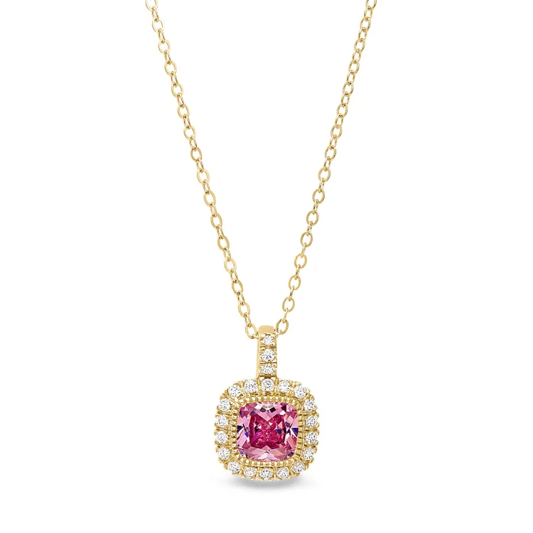 Gold Finish Sterling Silver Micropave Simulated Pink sapphire Pendant with Simulated Diamonds on 18" Cable Chain