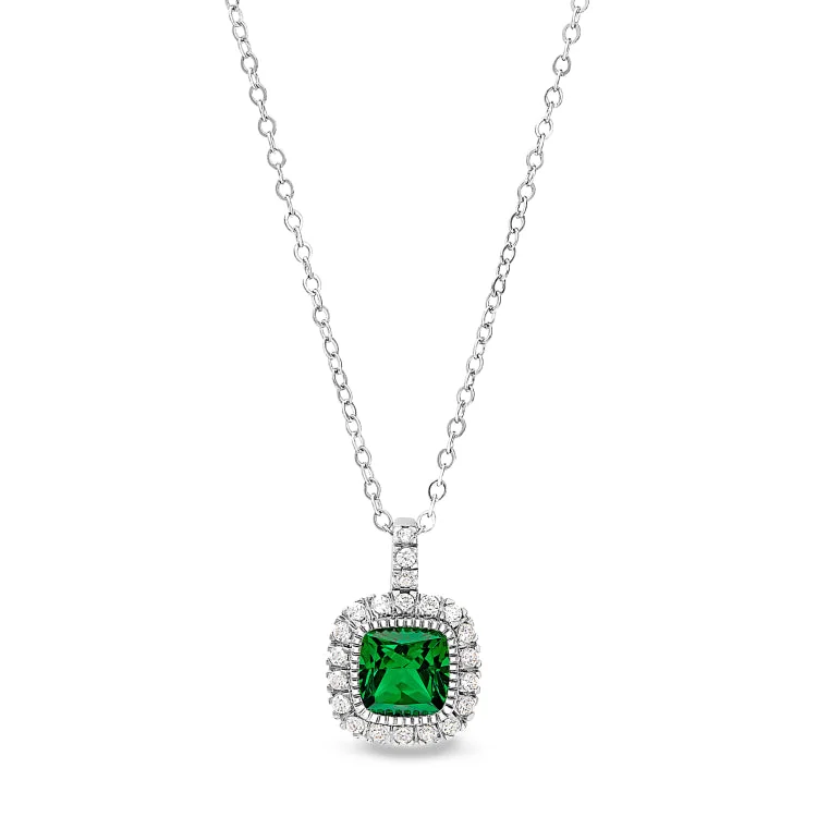 Platinum Finish Sterling Silver Micropave Simulated Emerald Pendant with Simulated Diamonds on 18" Cable Chain