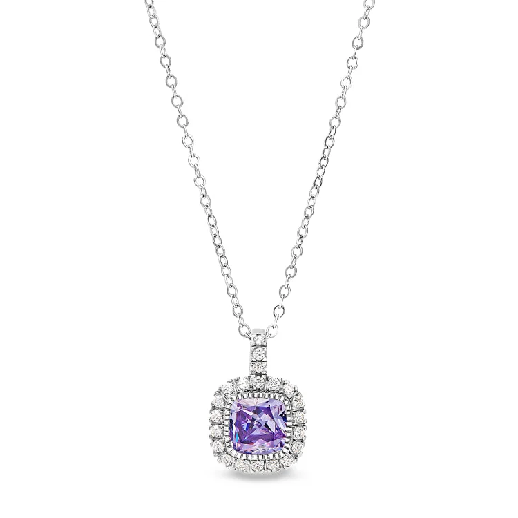 Platinum Finish Sterling Silver Micropave Simulated Light Amethyst Pendant with Simulated Diamonds on 18" Cable Chain