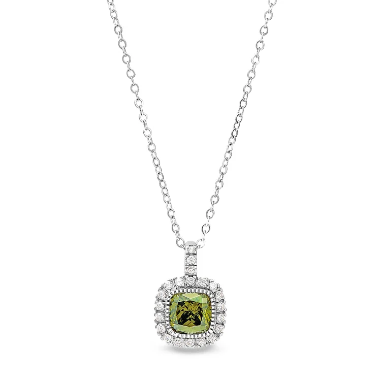 Platinum Finish Sterling Silver Micropave Simulated Peridot Pendant with Simulated Diamonds on 18" Cable Chain