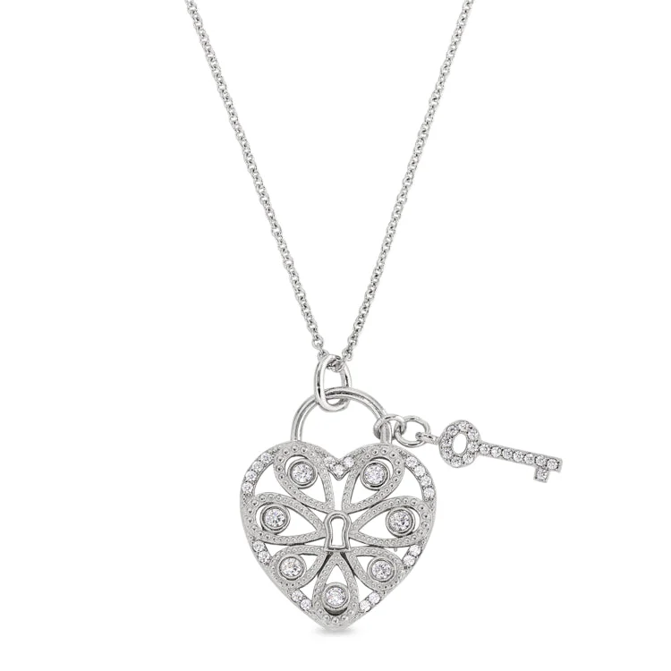 Platinum Finish Sterling Silver Micropave Key to My Heart Pendant with Simulated Diamonds on 16" - 18" Adjustable Chain