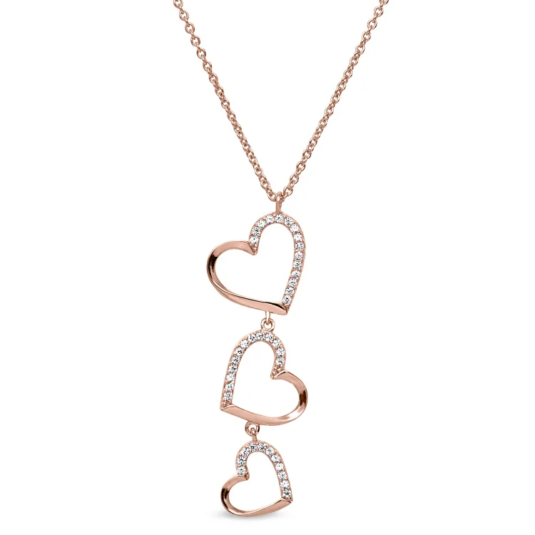 Rose Gold Finish Sterling Silver Micropave Three Falling Hearts Pendant with Simulated Diamonds on 16"-18" Adjustable Chain