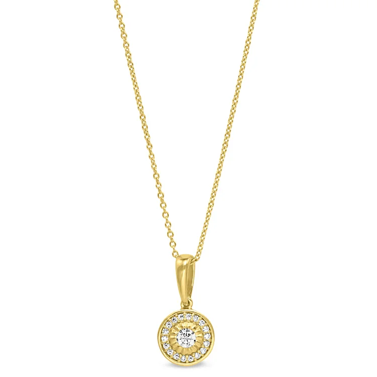 Gold Finish Sterling Silver Micropave Halo Pendant with Simulated Diamonds on 16"-18" Adjustable Chain