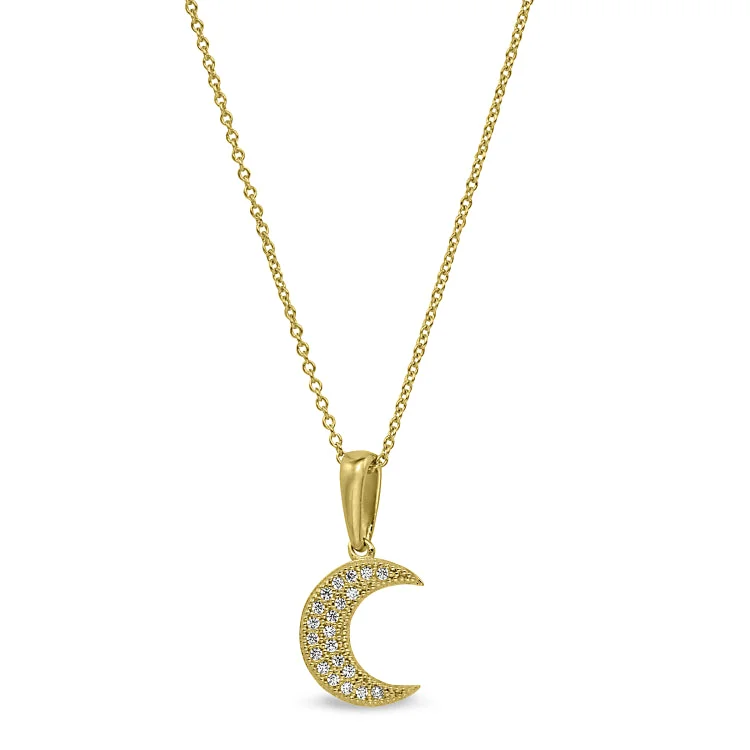 Gold Finish Sterling Silver Micropave Moon Pendant with Simulated Diamonds on 16"-18" Adjustable Chain