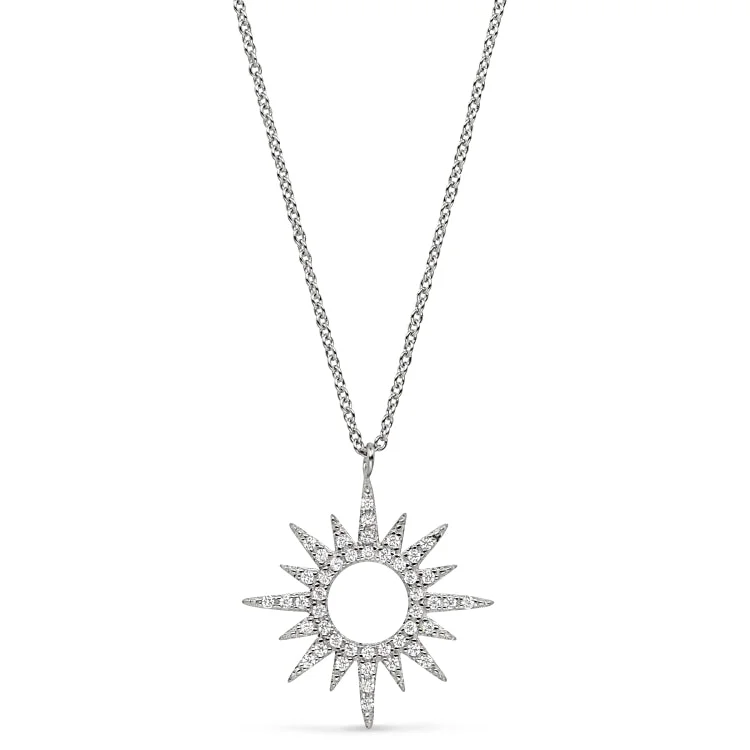 Platinum Finish Sterling Silver Micropave Open Starburst Pendant with Simulated Diamonds on 16"-18" Adjustable Chain