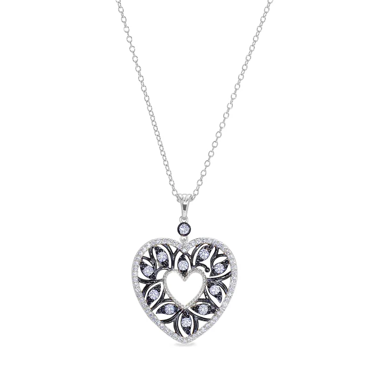 Platinum and Black Rhodium Finish Sterling Silver Micropave Open Heart Pendant with Simulated Diamonds on 18" Cable Chain