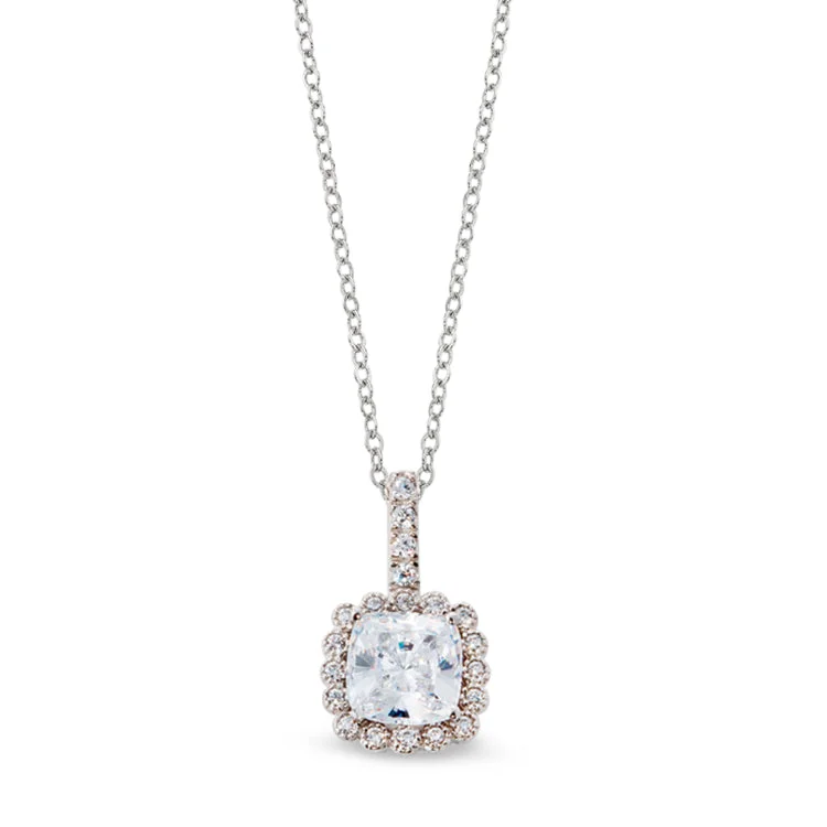 Platinum Finish Sterling Silver Cushion Cut Pendant with 20 Simulated Diamonds on 18" Cable Chain