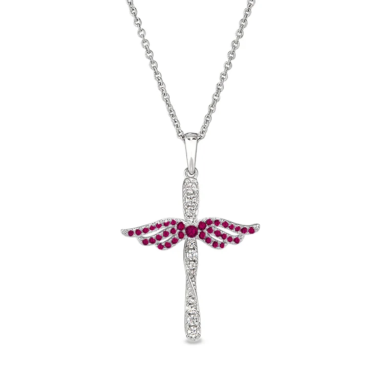 Platinum Finish Sterling Silver Micropave Angel Wings Cross with Simulated Ruby & Diamonds on 16" - 18" Adjustable Chain