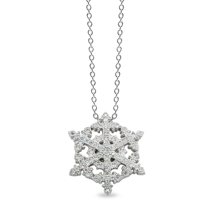 Platinum Finish Sterling Silver Micropave Small Wheel Shaped Snowflake Pendant with 73 Simulated Diamonds on 18" Cable Chain