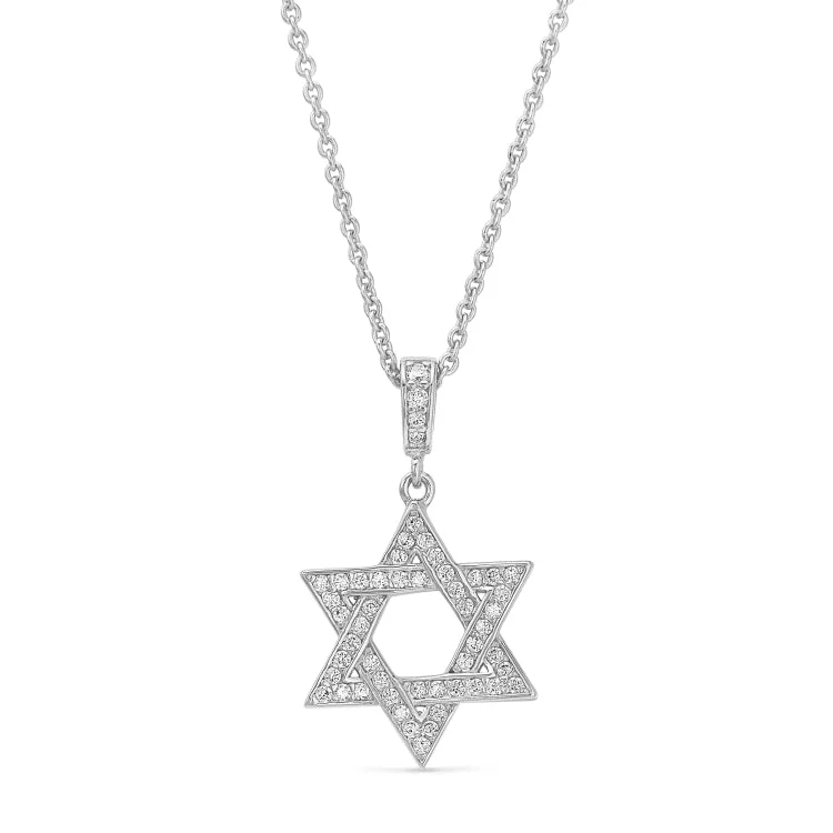 Platinum Finish Sterling Silver Micropave Star of David Pendant with Simmulated Diamonds on 16" - 18" Adjustable Chain