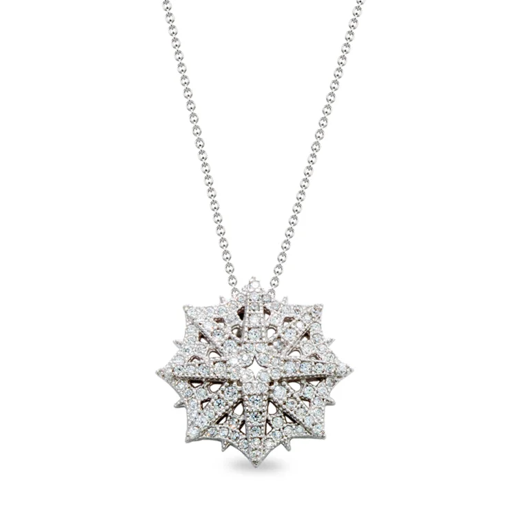 Platinum Finish Sterling Silver Micropave Star Shaped Snowflake Pendant with 92 Simulated Diamond on 18" Cable Chain