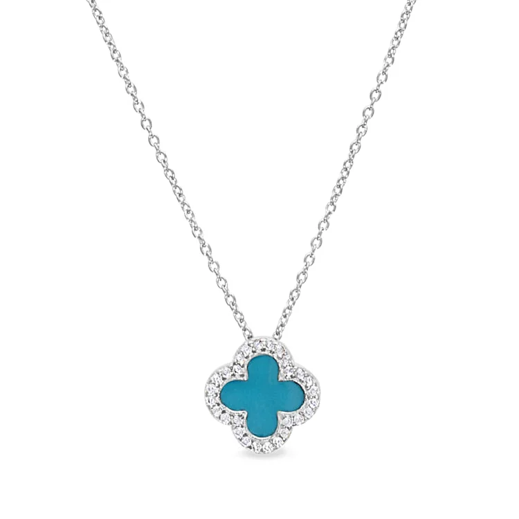 Platinum Finish Sterling Silver Micropave Turquoise Enamel Clover Pendant with Simulated Diamonds on 16" -18" Cable Chain