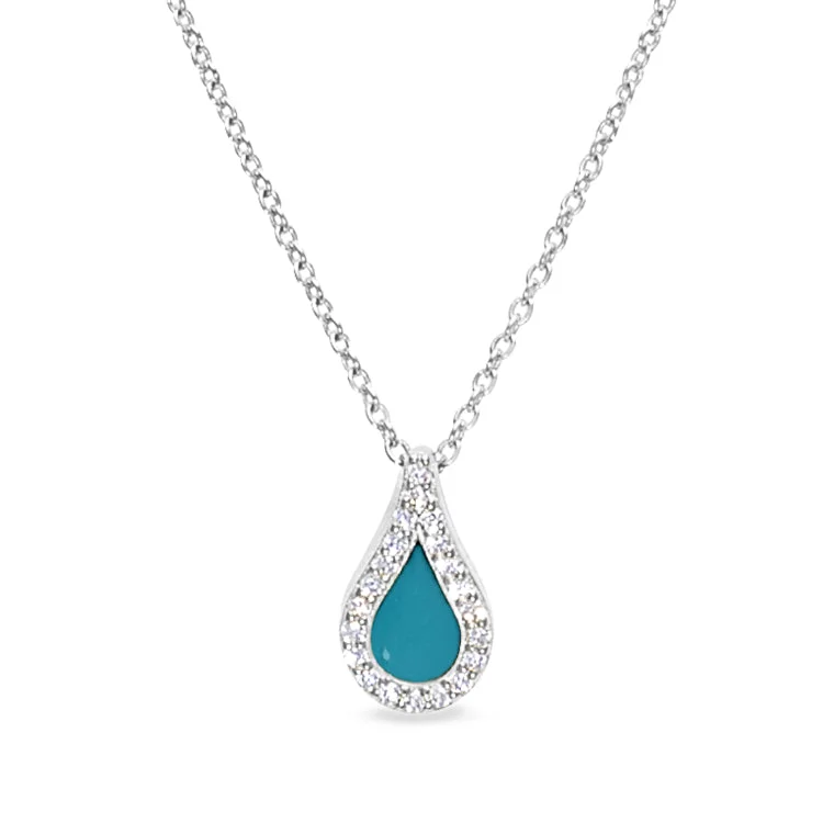 Platinum Finish Sterling Silver Micropave Turquoise Enamel Teardrop Pendant with Simulated Diamonds on 16" -18" Cable Chain