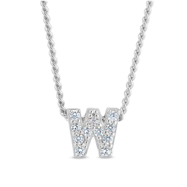 Platinum Finish Sterling Silver Micropave W Initial Pendant with Simulated Diamonds on 18" Curb Chain