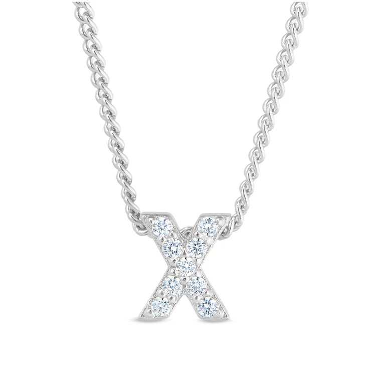 Platinum Finish Sterling Silver Micropave X Initial Pendant with Simulated Diamonds on 18" Curb Chain