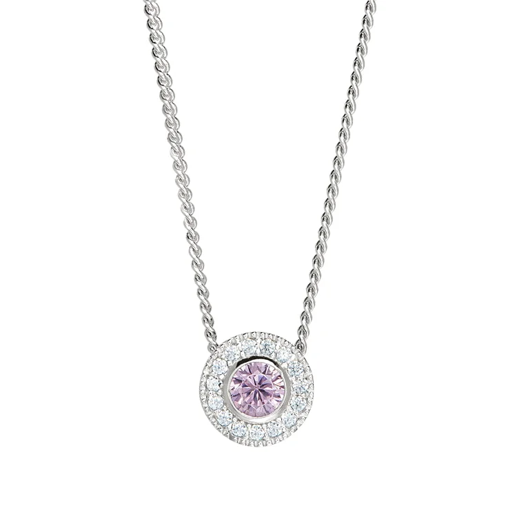 Platinum Finish Sterling Silver Round Simulated Pink Sapphire Birth Gem Pendant with Simulated Diamonds on 18" Curb Chain