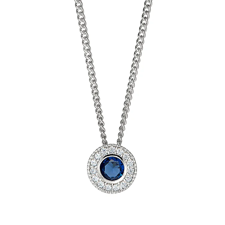 Platinum Finish Sterling Silver Round Simulated Sapphire Birth Gem Pendant with Simulated Diamonds on 18" Curb Chain