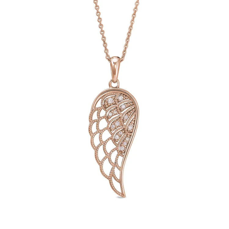 Rose Gold Finish Sterling Silver Micropave Angel Wing Pendant with Simmulated Diamonds on 16" - 18" Adjustable Chain