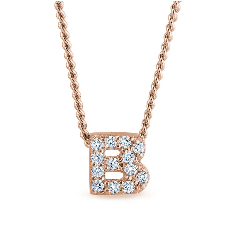 Rose Gold Finish Sterling Silver Micropave B Initial Pendant with Simulated Diamonds on 18" Curb Chain