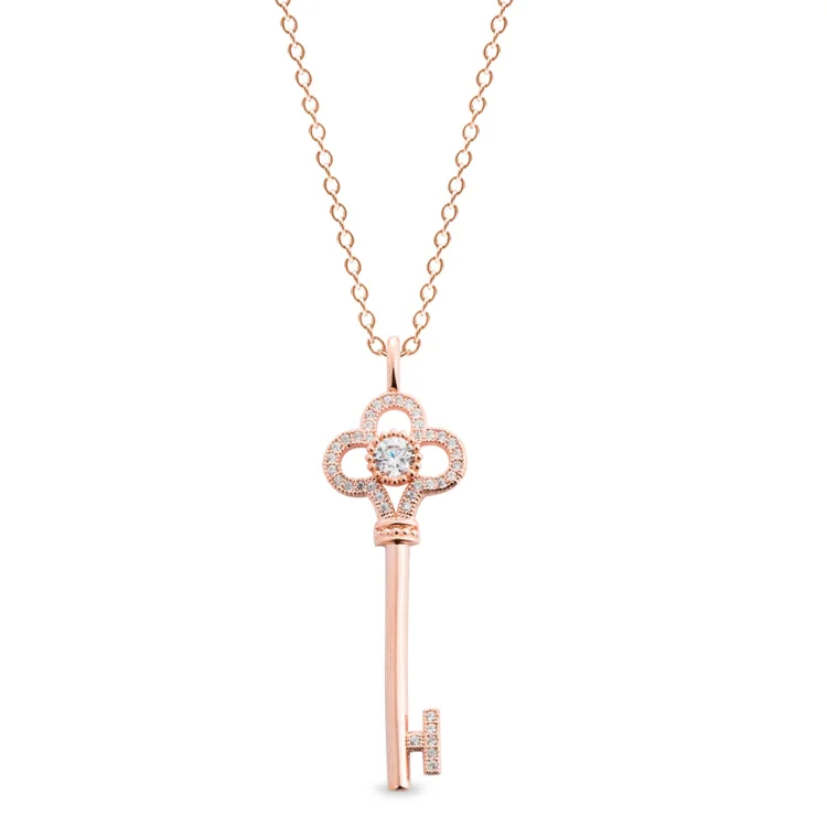 Rose Gold Finish Sterling Silver Micropave Flower Key Pendant with 33 Simulated Diamonds on 18" Cable Chain