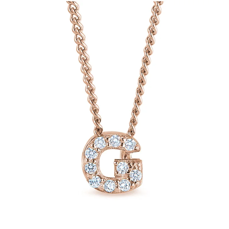 Rose Gold Finish Sterling Silver Micropave G Initial Pendant with Simulated Diamonds on 18" Curb Chain