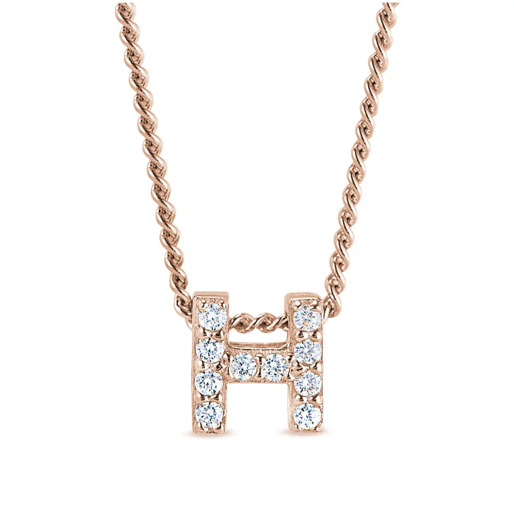 Rose Gold Finish Sterling Silver Micropave H Initial Pendant with Simulated Diamonds on 18" Curb Chain