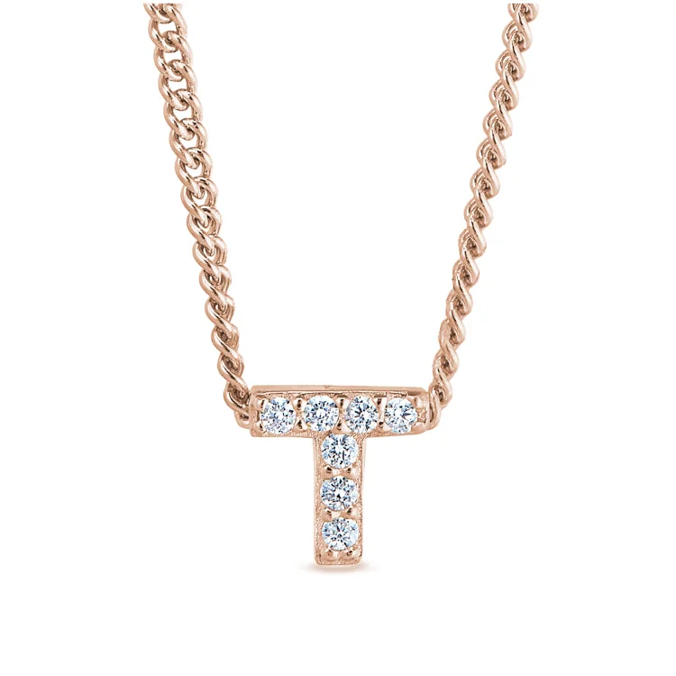 Rose Gold Finish Sterling Silver Micropave T Initial Pendant with Simulated Diamonds on 18" Curb Chain