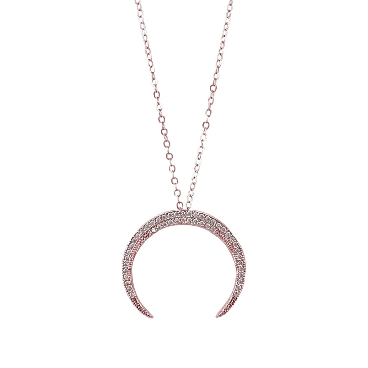 Rose Gold Finish Sterling Silver Micropave Upside Down Crescent Moon Pendant with Simulated Diamonds on 18" Cable Chain