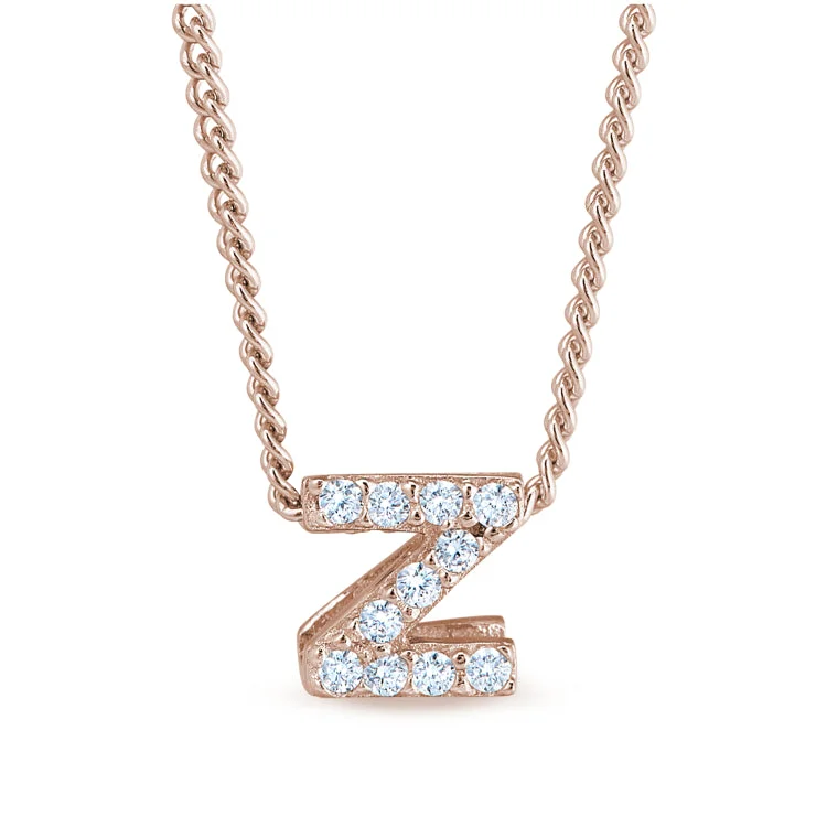 Rose Gold Finish Sterling Silver Micropave Z Initial Pendant with Simulated Diamonds on 18" Curb Chain