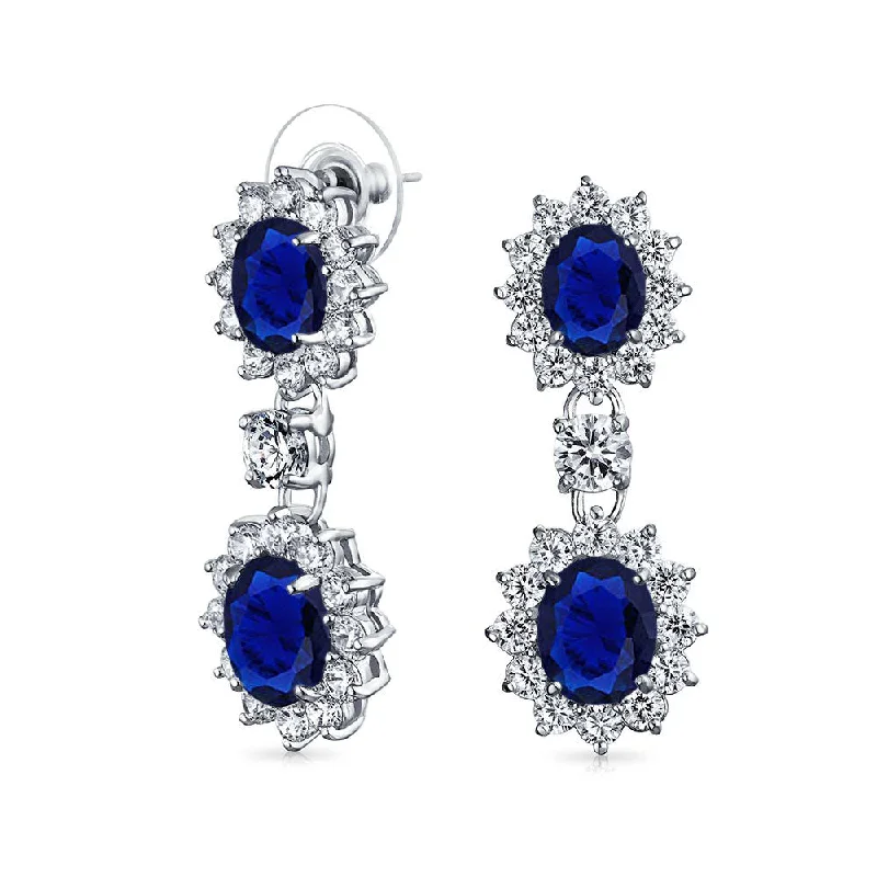 Vintage Art Deco Dangle Chandelier Earrings with Blue Sapphire CZ for Weddings