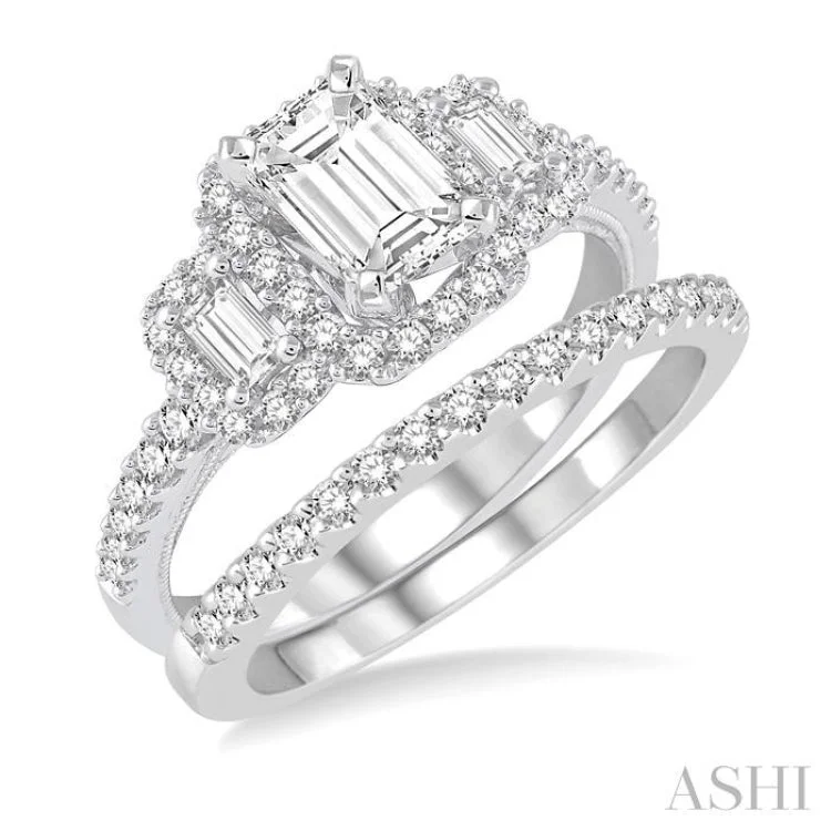 1 1/10 ctw Diamond Bridal Set with 1 ctw Emerald Cut Engagement Ring and 1/8 ctw Wedding Band in 14K White Gold